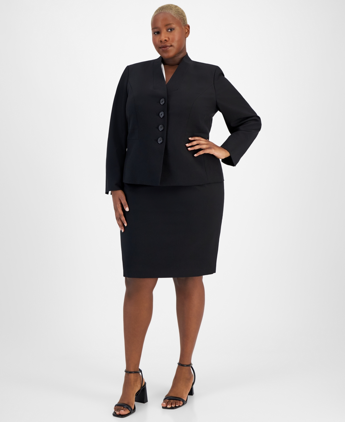Le Suit Plus Size Stand-collar Skirt Suit In Black
