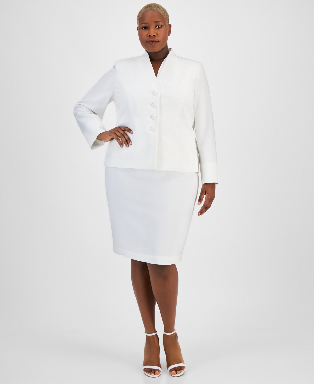 Le Suit Plus Size Stand-collar Skirt Suit In Vanilla Ice