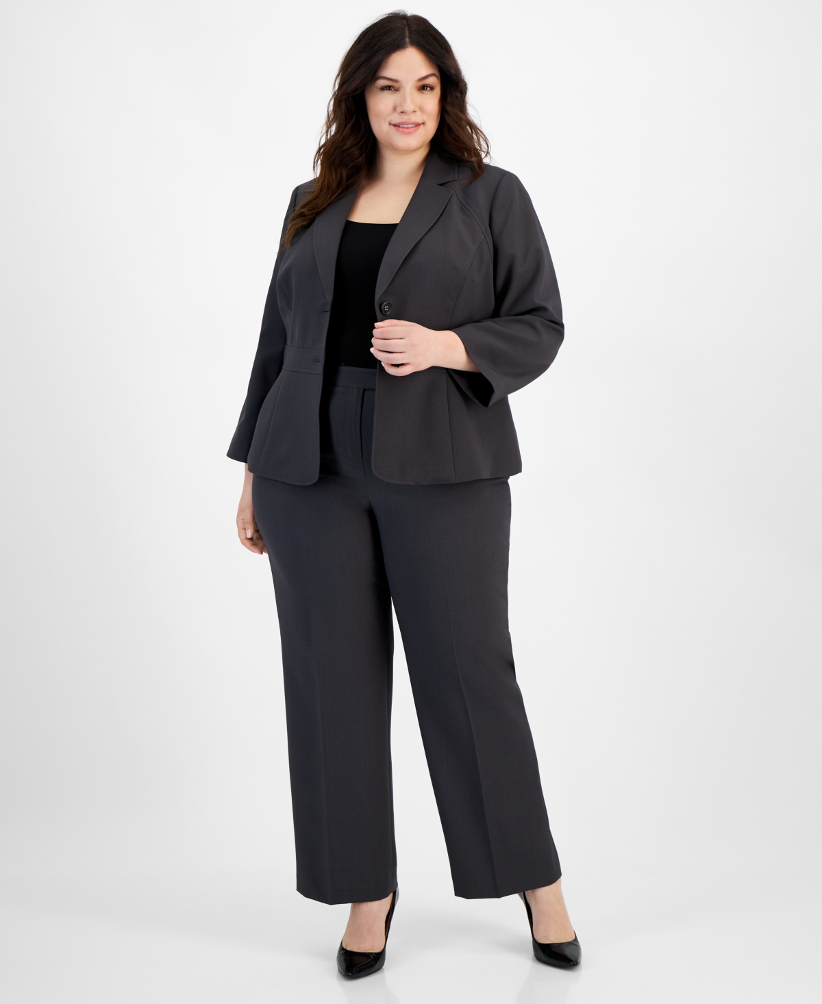 Plus Size Crepe Two-Button Blazer Pantsuit - Charcoal