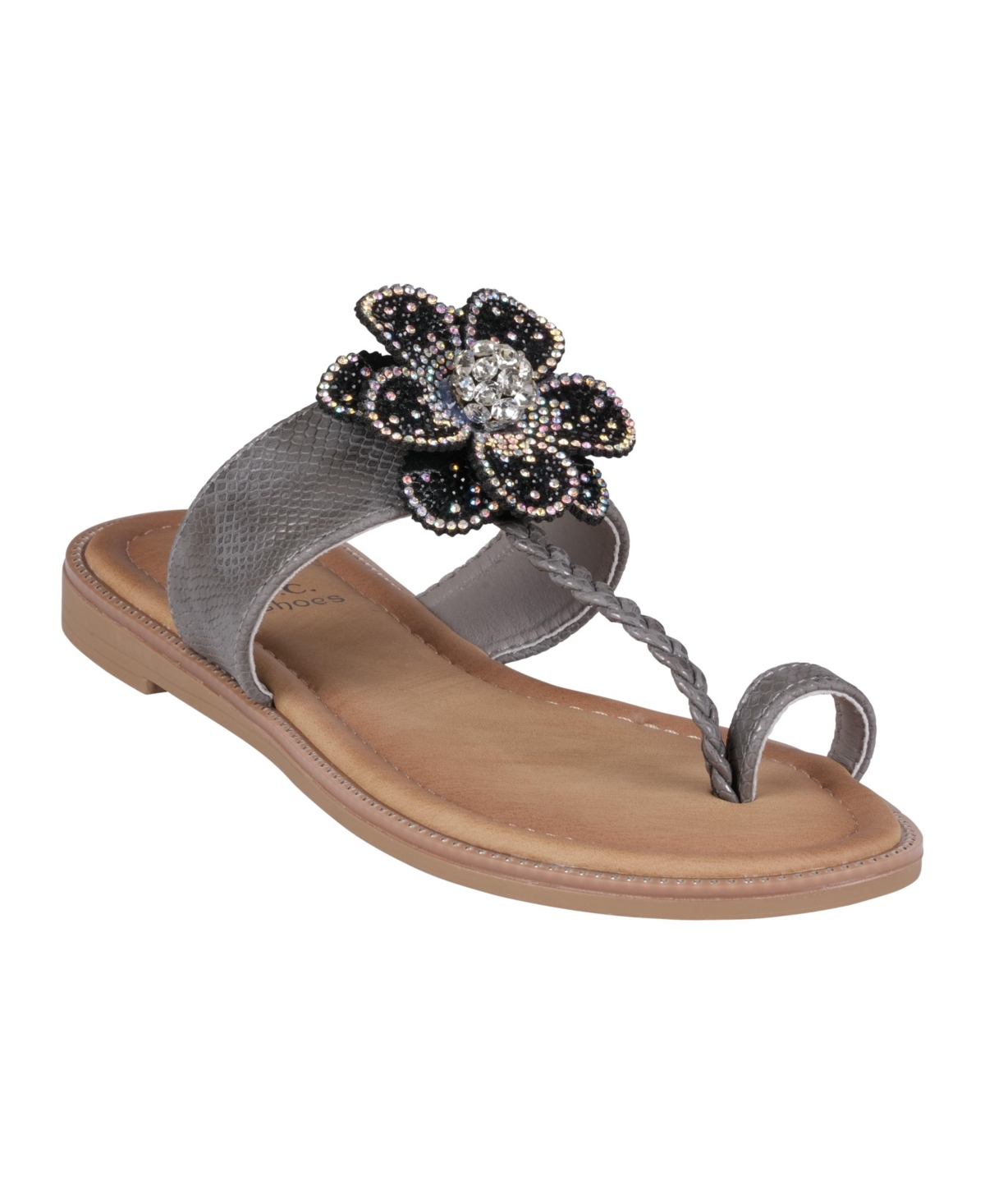Gc Shoes Women's Blossom Flower Embellished Toe Ring Flat Sandals In Pewter