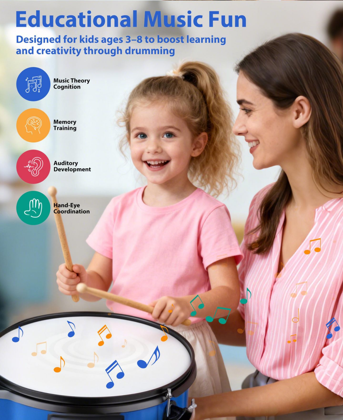 Детские игрушки SUGIFT 3-Piece Kids Drum Set with Adjustable Stool, Bass Pedal & Cymbal – Realistic Junior Drum Kit for Ages 3+ — фото 2