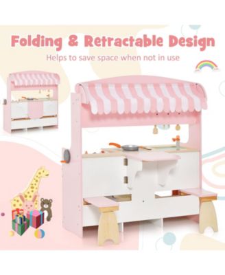 Double-Sided Kids Play Kitchen Set with Canopy and 2 Seats