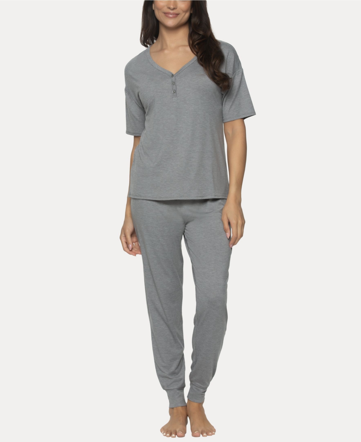 Shop Felina Women's Jessie 2 Pc. Jersey Knit Lounge Set In Heather Silver Filigree