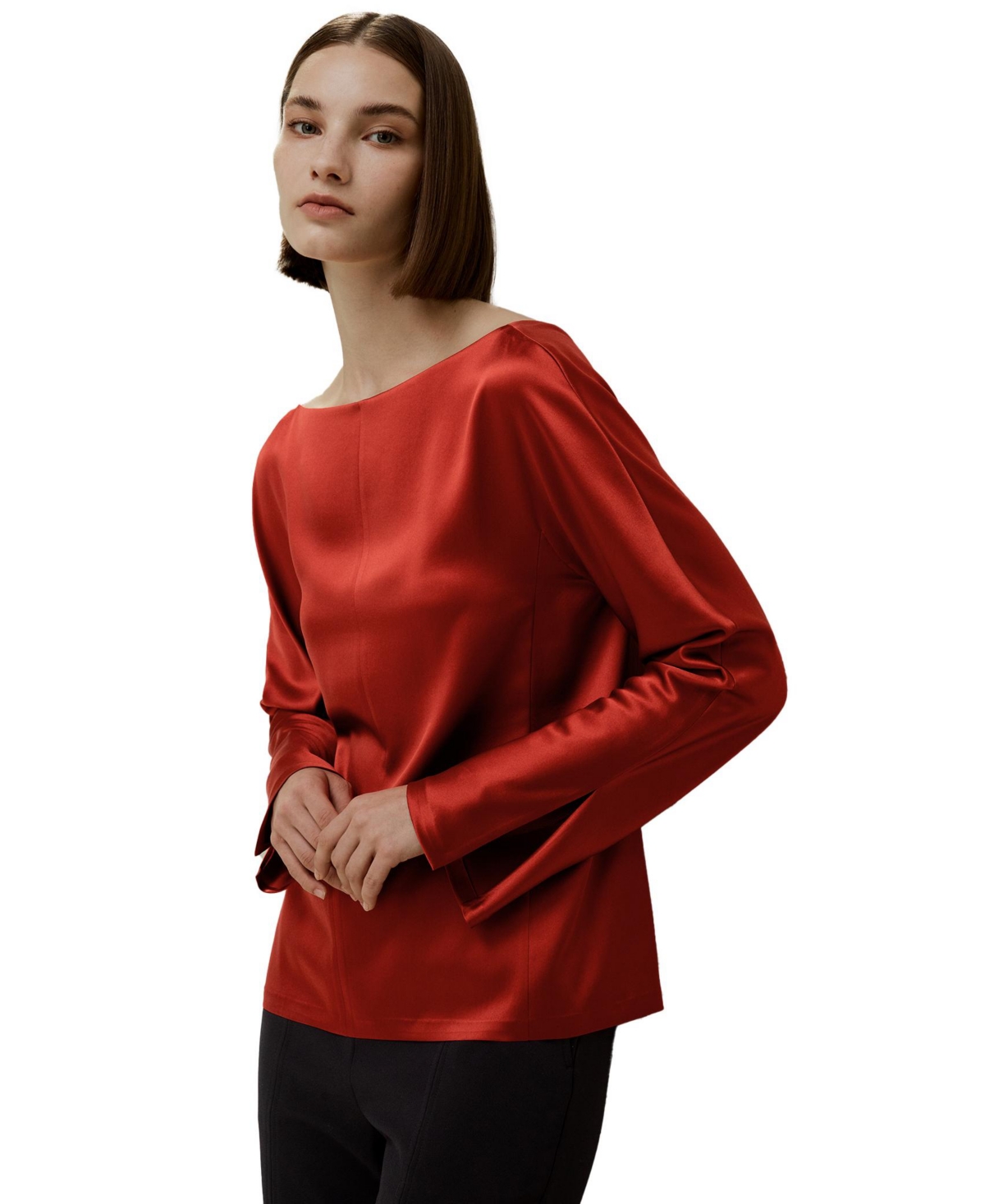 Minimalist Shiny Silk Top for Women - Brick red