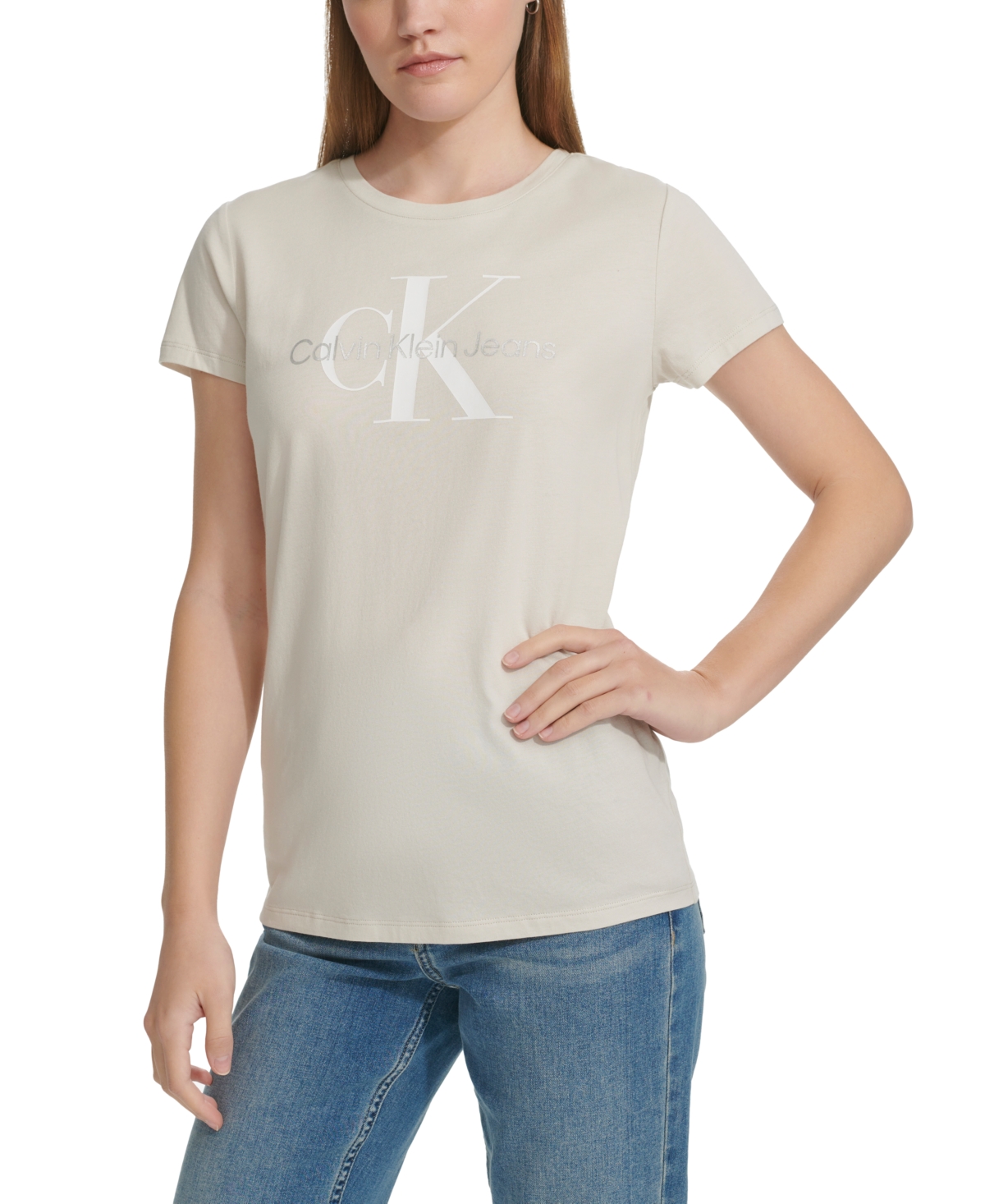 Women's Crewneck Short-Sleeve Foiled-Logo T-Shirt - Birch Wht