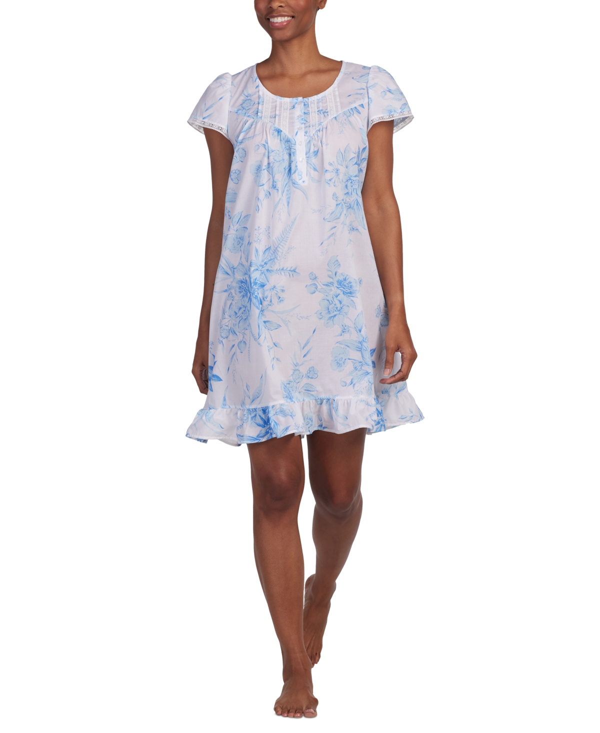 Women's Cotton Lace-Trim Nightgown - Blue Garden