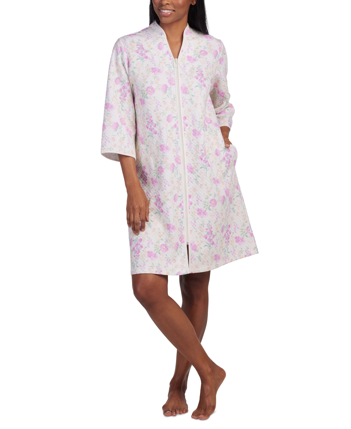 Shop Miss Elaine Women's Floral 3/4-sleeve Zip-front Robe In Pink Floral
