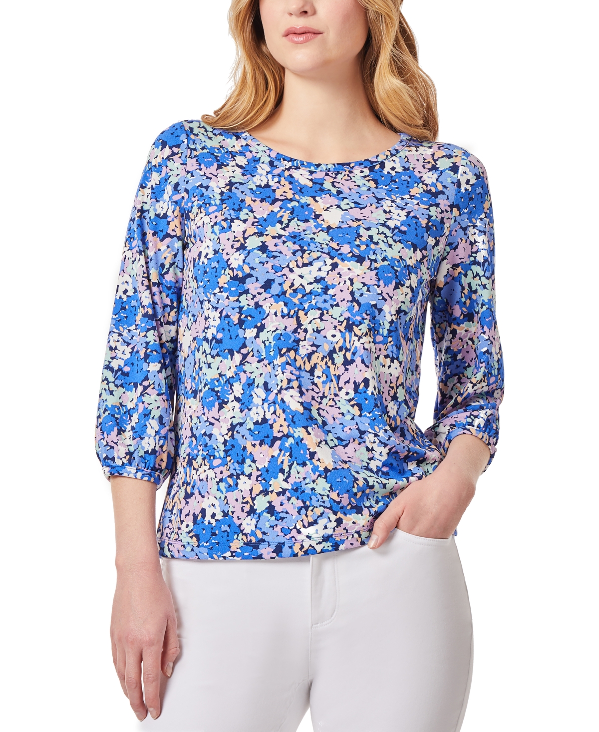 Shop Jones New York Women's Floral-print Moss Crepe 3/4-sleeve Top In Blue Horizon