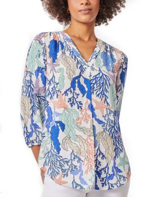 Jones New York - Women's Printed Pleat-Neck 3/4-Sleeve Top