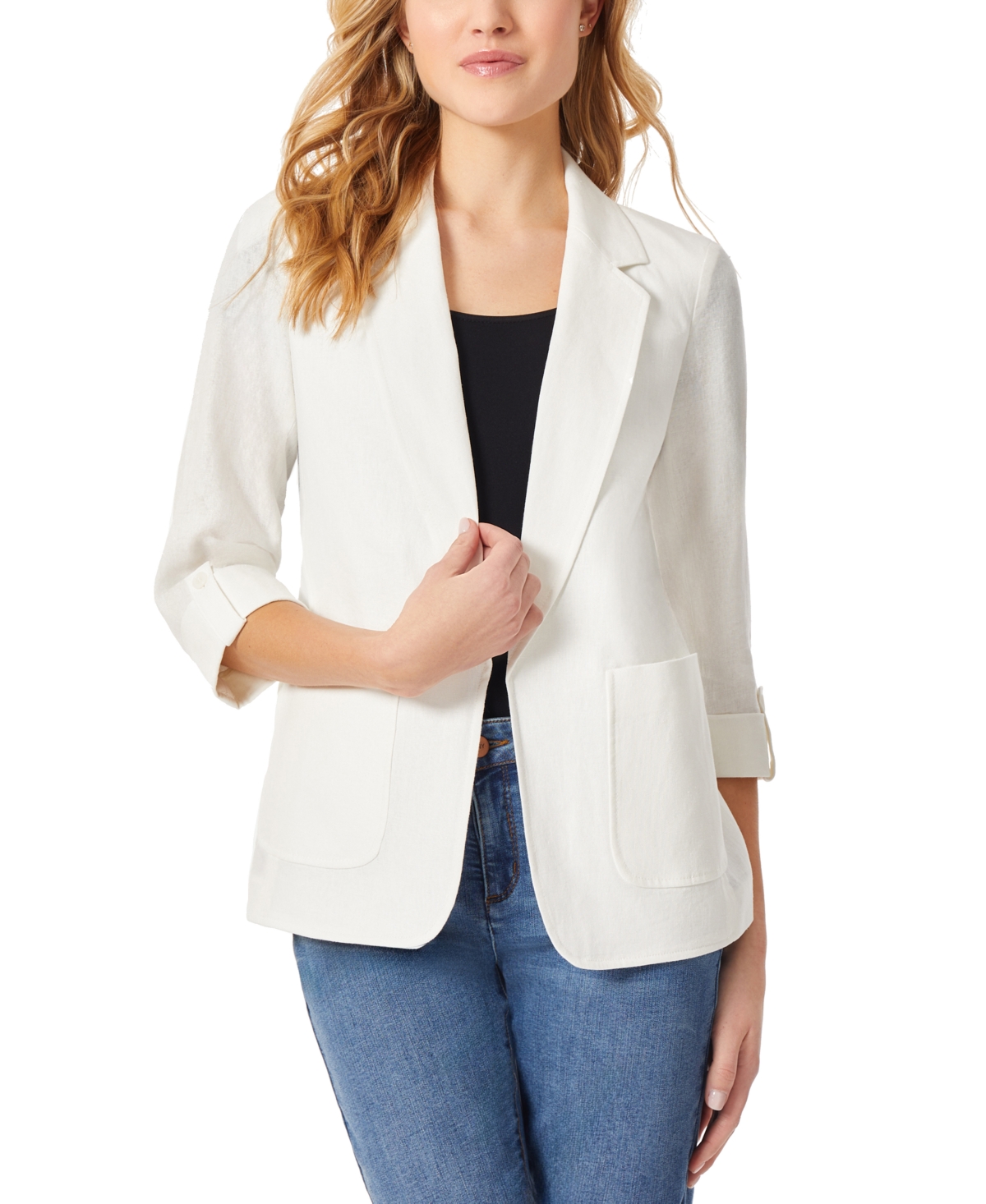 Women's Solid Notched-Collar Patch-Pocket Linen Jacket - NYC White