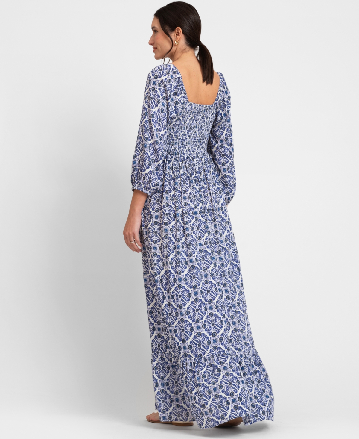 Shop Seraphine Women's Maternity Crepe Shirred Bodice Maxi Dress In Blue Print