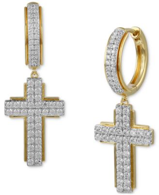 Men's Diamond Cluster Cross Dangle Hoop Earrings (1 ct. t.w.)