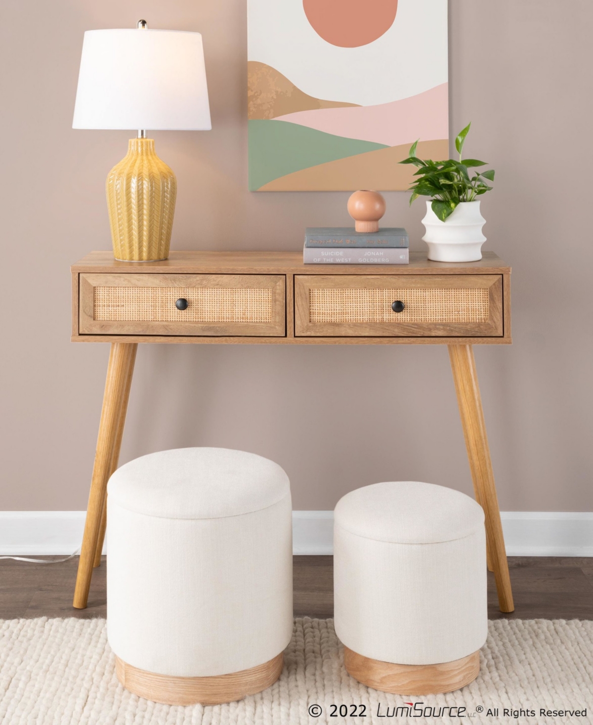 Marla Contemporary Nesting Ottoman Set in Wood and Fabric by Lumisource - Cream Fabric