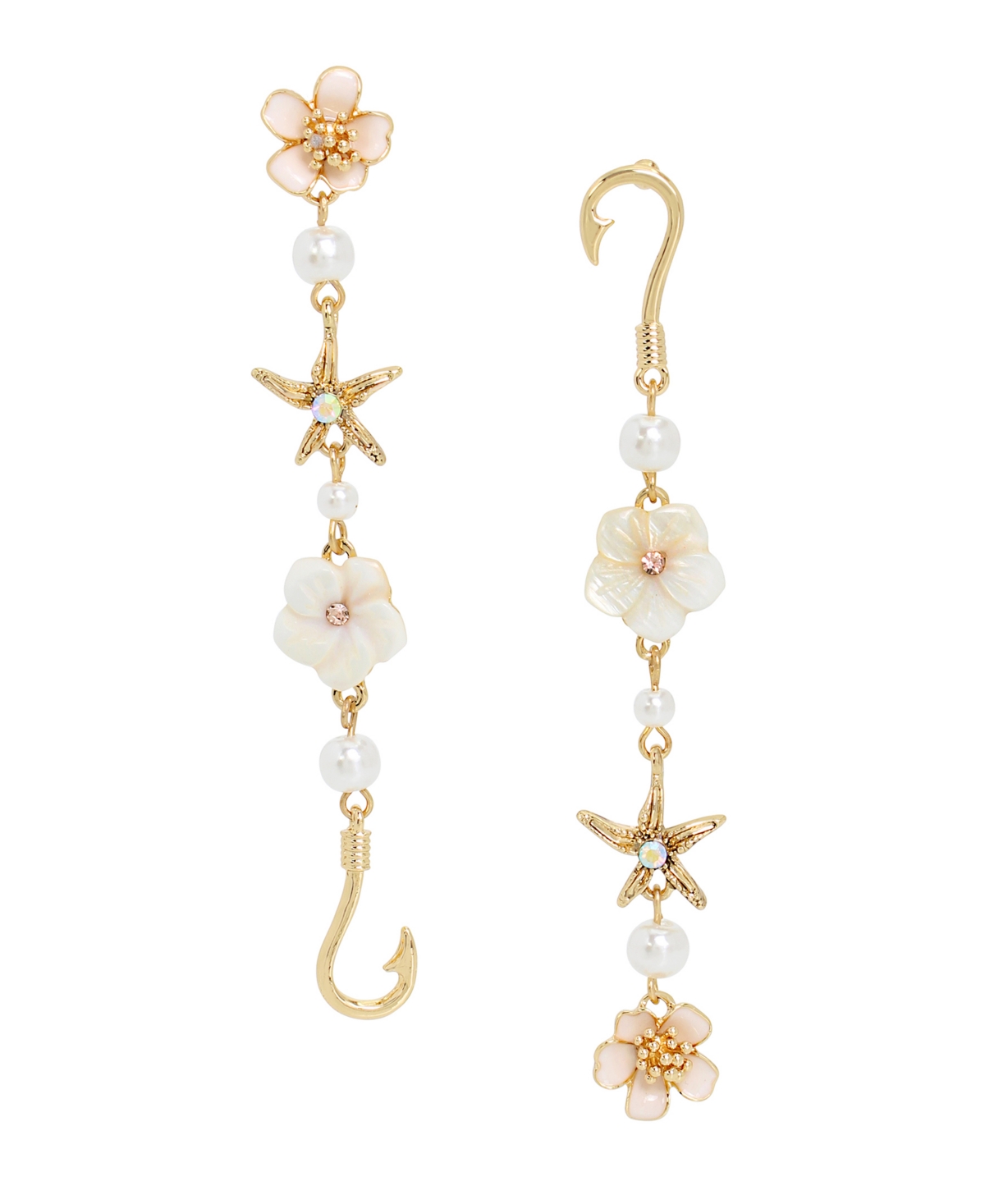 Betsey Johnson Faux Stone Starfish Flower Mismatch Earrings In White,gold