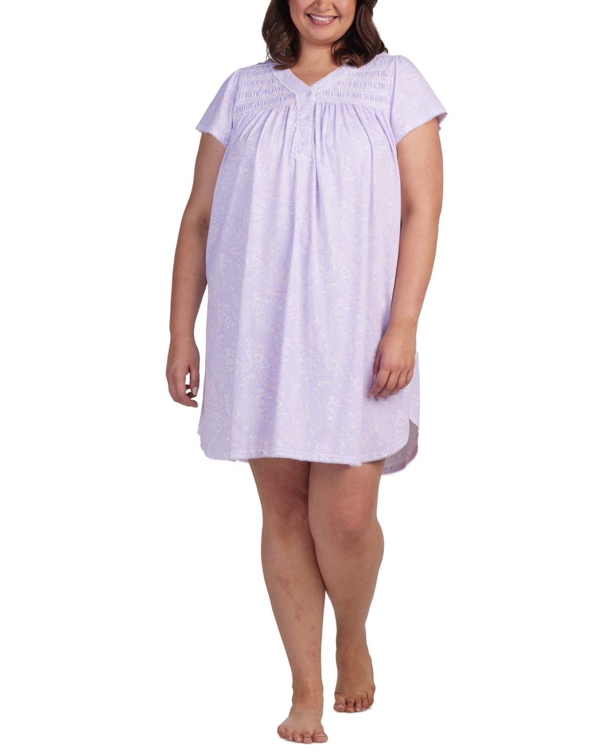 Plus Size Short-Sleeve Embroidered Paisley Nightgown - Peach/lilac Paisley