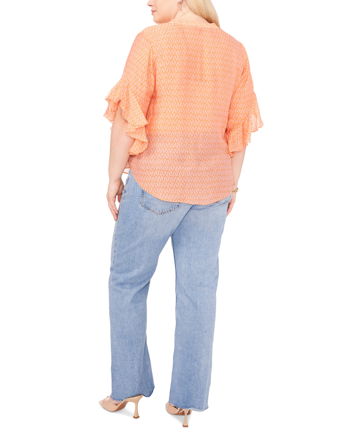 Vince Camuto Plus Size Printed Pintuck Flutter 3/4-Sleeve Henley Blouse