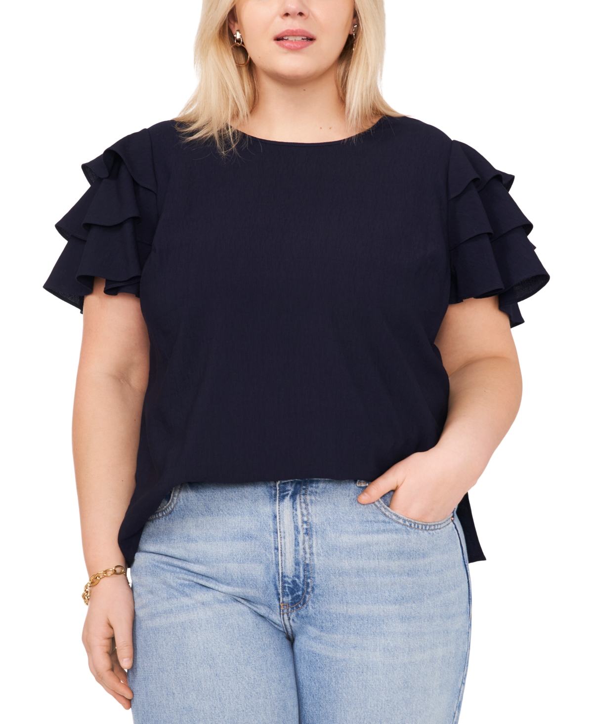 Shop Vince Camuto Plus Size Crewneck Tiered Ruffle Sleeve Top In Classic Navy