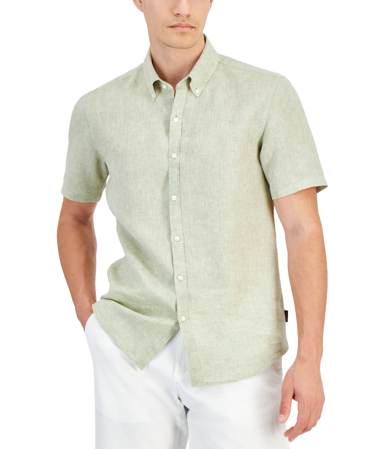 Michael Kors Men's Slim-fit Linen Short-sleeve Shirt In Light Sage