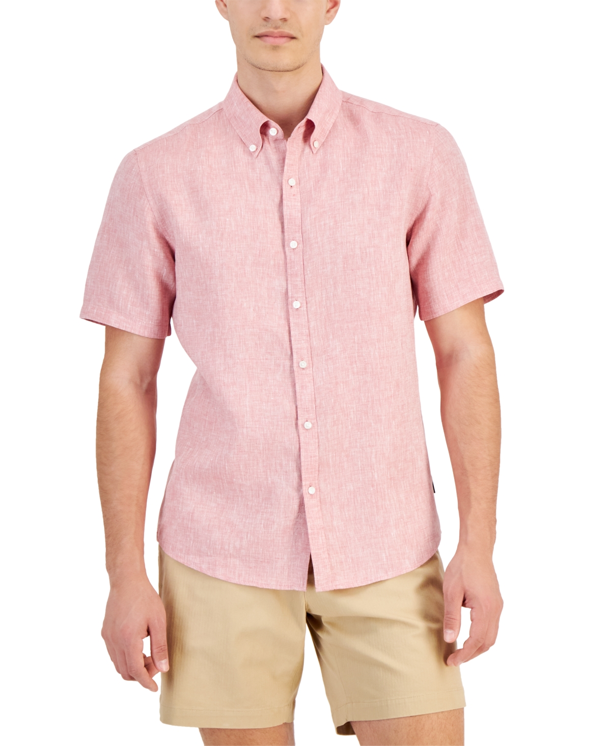 Michael Kors Men's Slim-fit Linen Short-sleeve Shirt In Dusty Rose