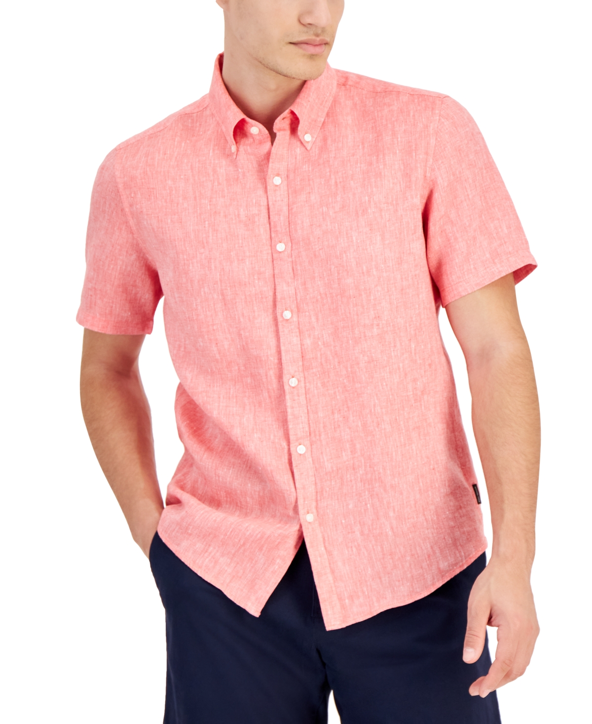 Michael Kors Men's Slim-fit Linen Short-sleeve Shirt In Sea Coral