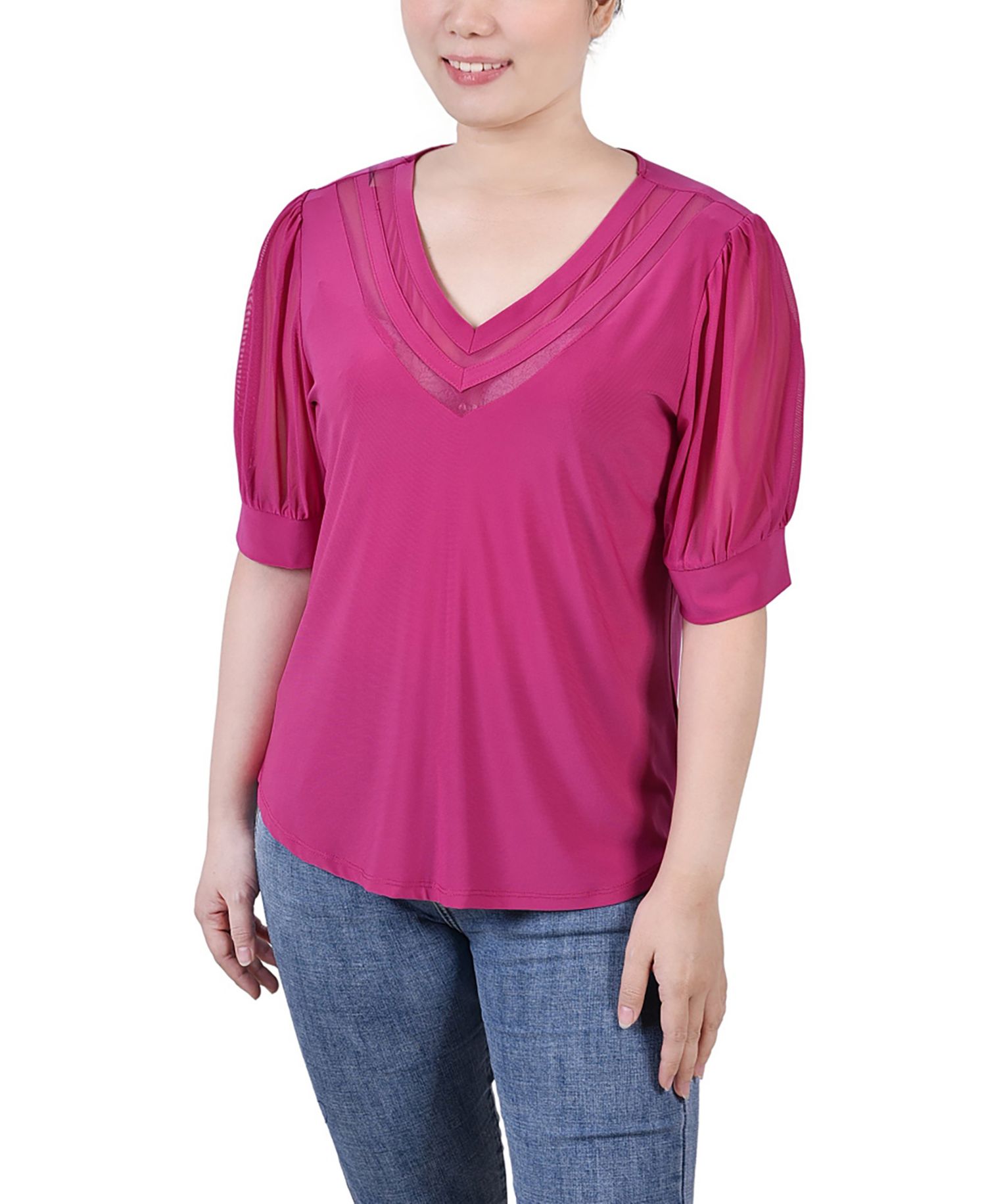 Women's Short Puff Sleeve V-neck Top