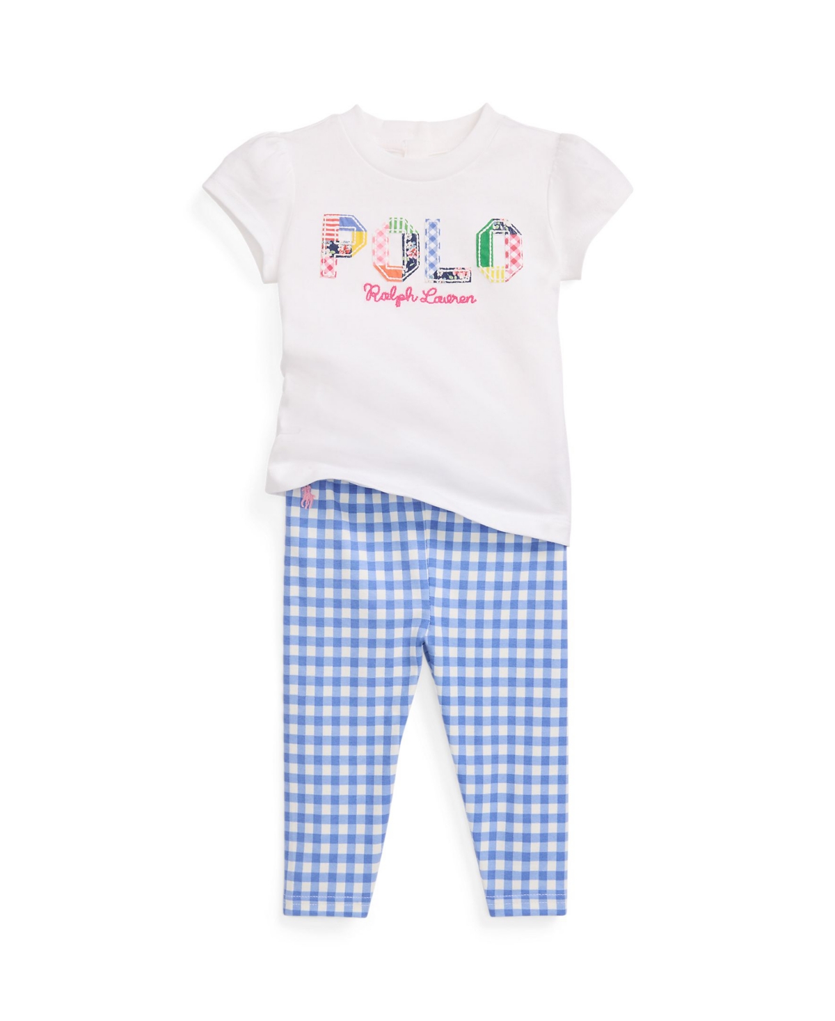 Polo Ralph Lauren Baby Girls Logo Jersey T Shirt And Gingham Leggings Set In White With Multi Applique