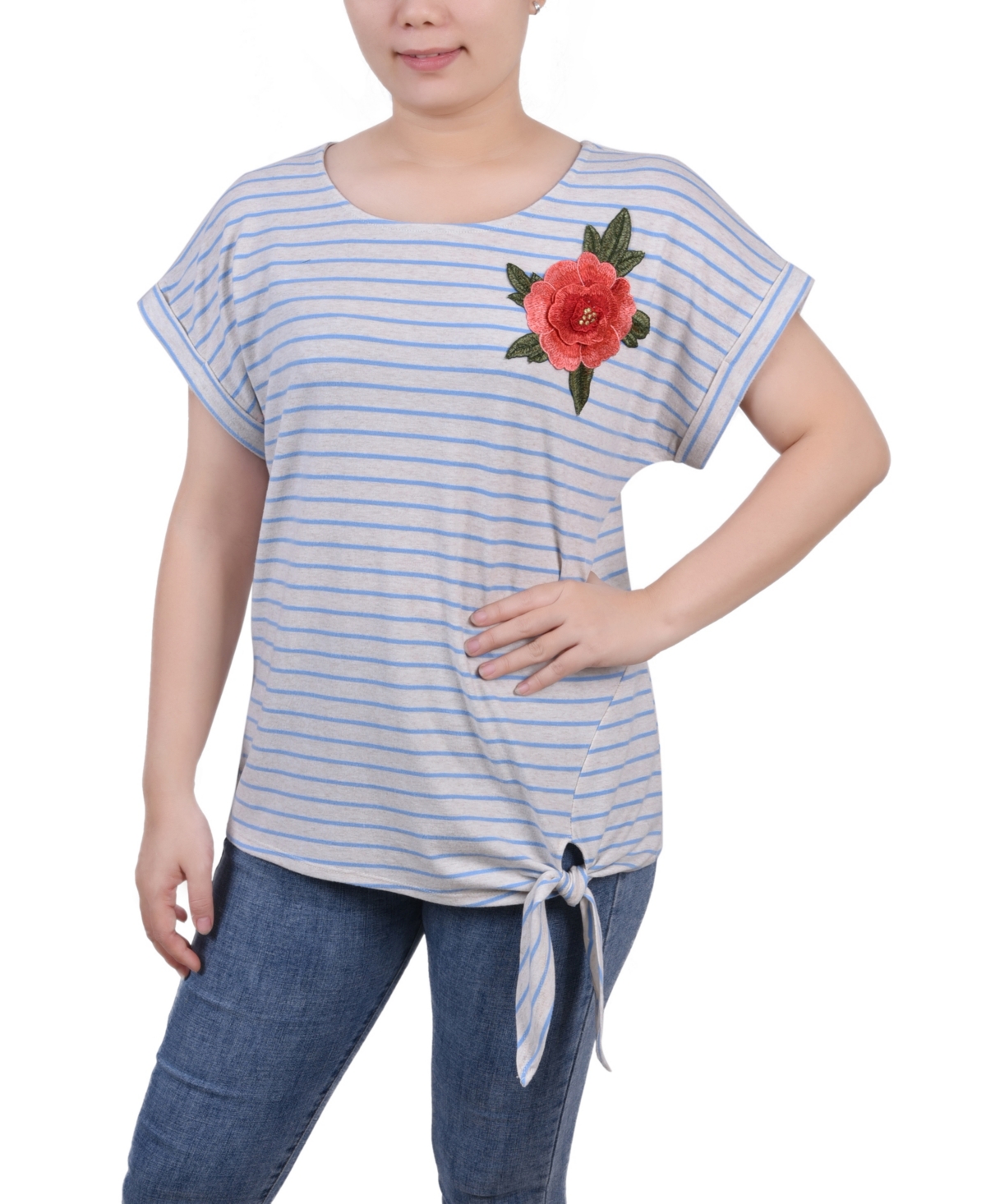 Women's Short Sleeve Embroidered Tie Front Top - Oatmeal Blue Stripe