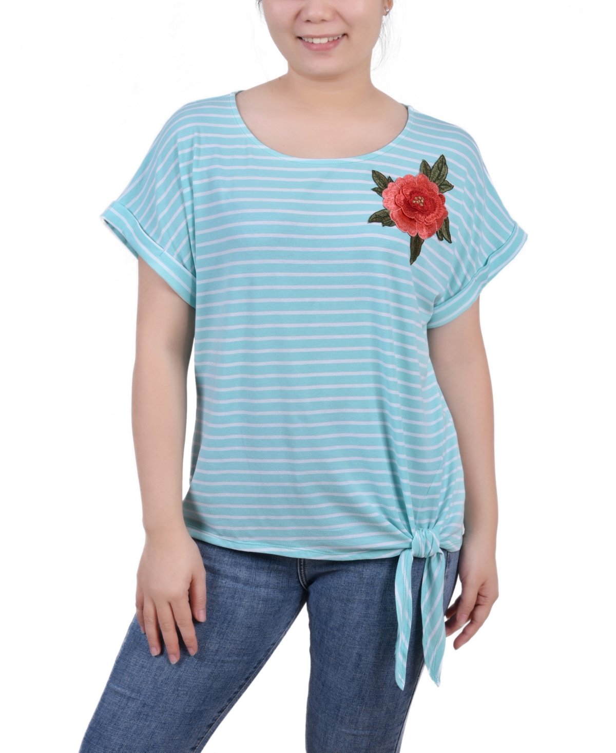 Women's Short Sleeve Embroidered Tie Front Top - Oatmeal Blue Stripe