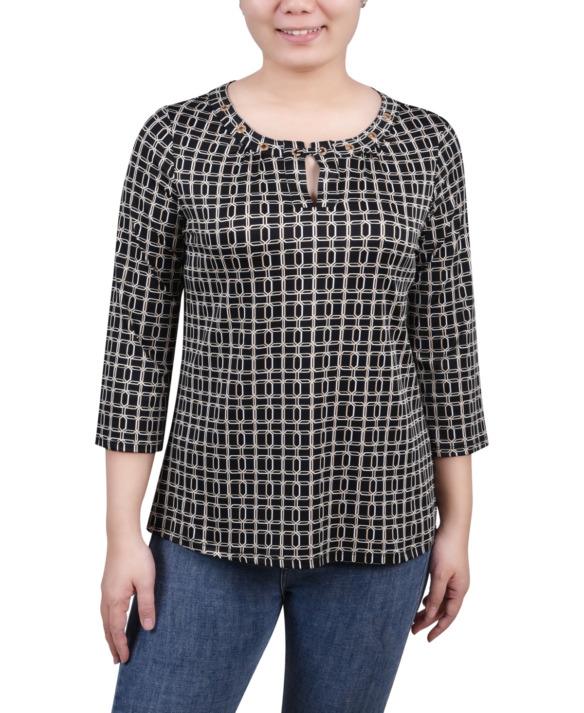 Ny Collection Petites Womens Grommet Embellished Blouse In Black Gold Harlie