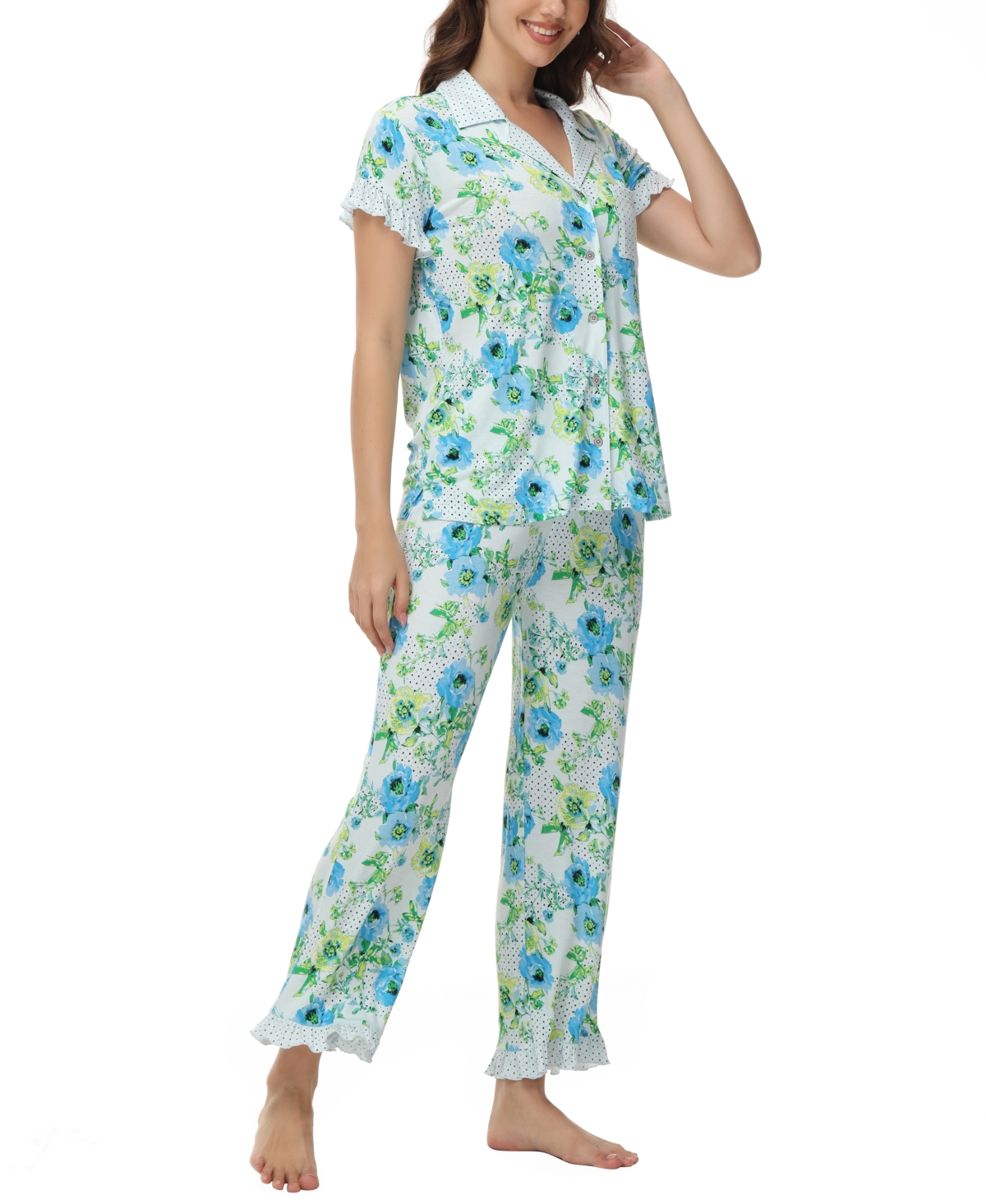 C. Wonder Women's Printed Notch Collar Short Sleeve with Ruffle and Pants 2 Pc. Pajama Set