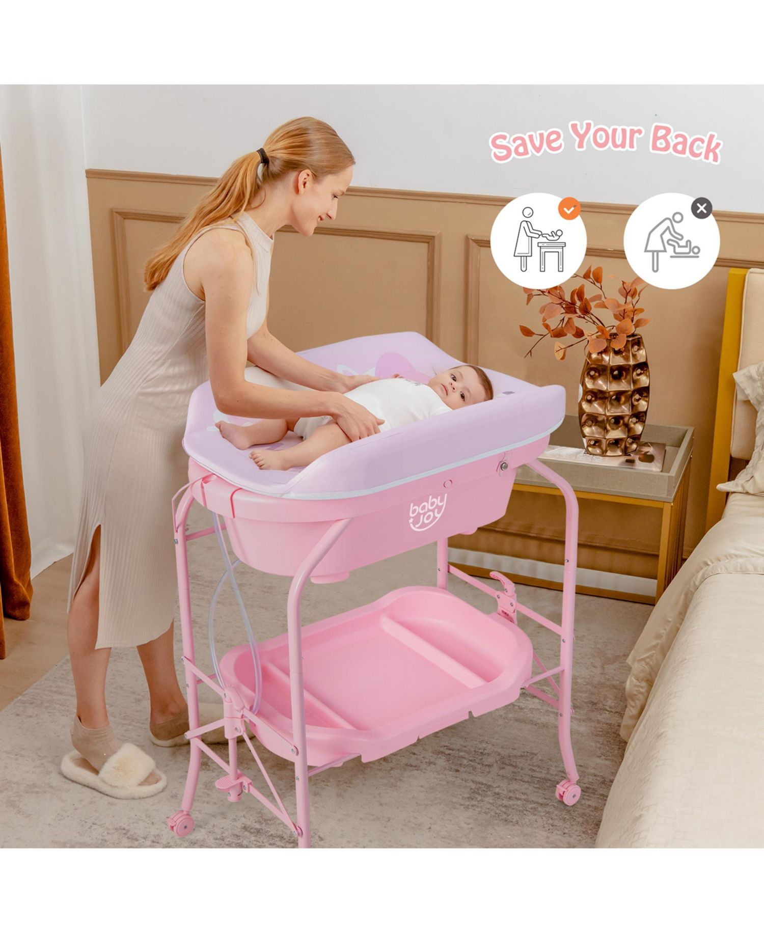Baby Changing Table with Bathtub, Folding Diaper Station with Wheels