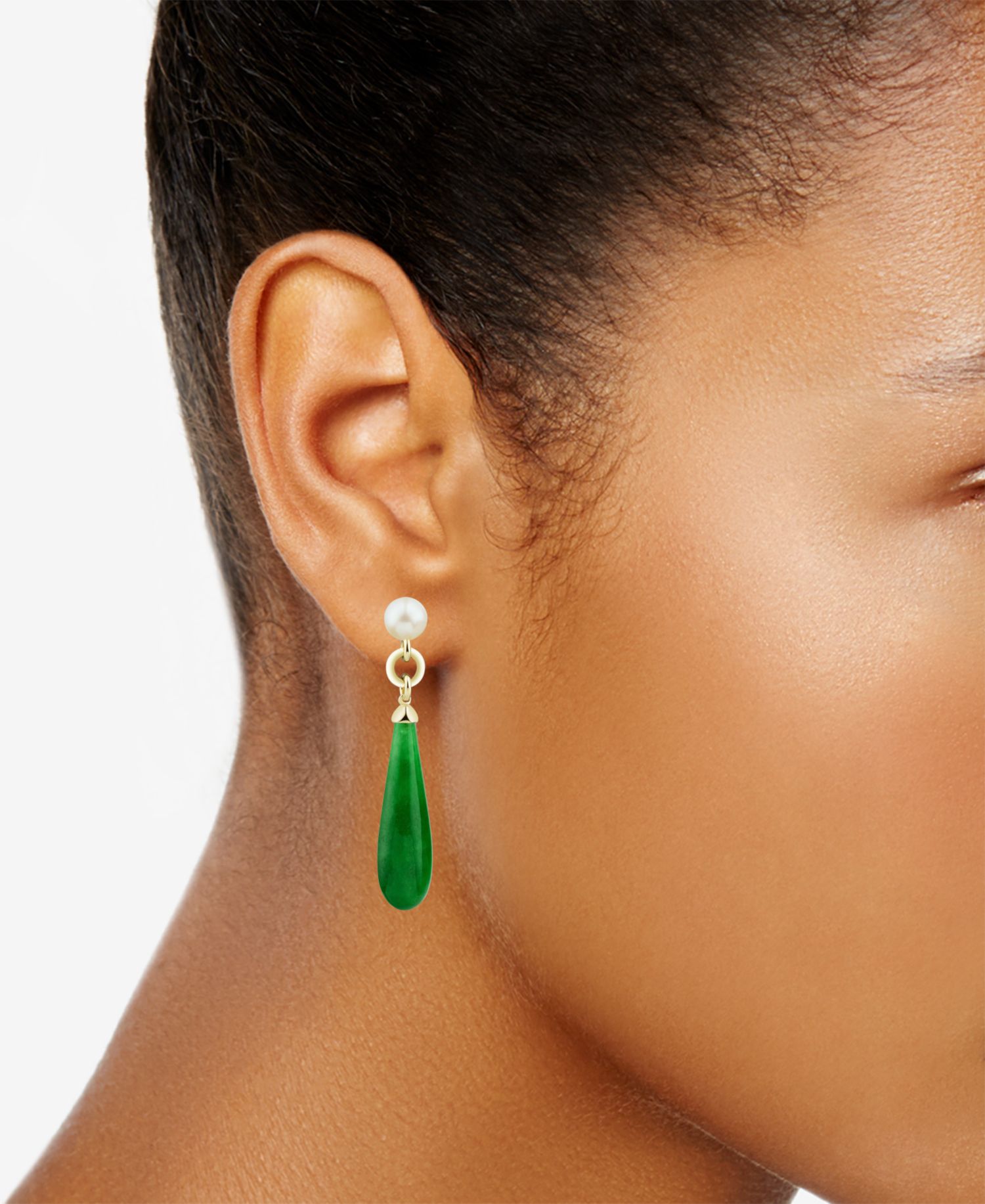 Cultured Freshwater Pearl (7mm) & Dyed Jade Briolette Drop Earrings in 14k Gold-Plated Sterling Silver