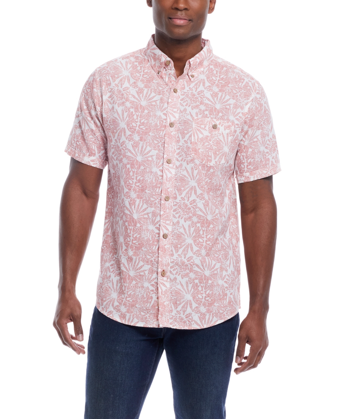 Men's Short Sleeve Print Linen Cotton Shirt - Pink