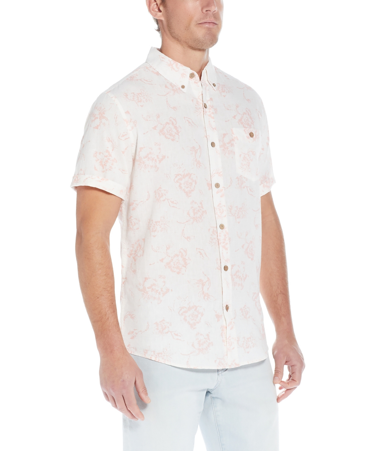 Men's Short Sleeve Print Linen Cotton Shirt - Pink