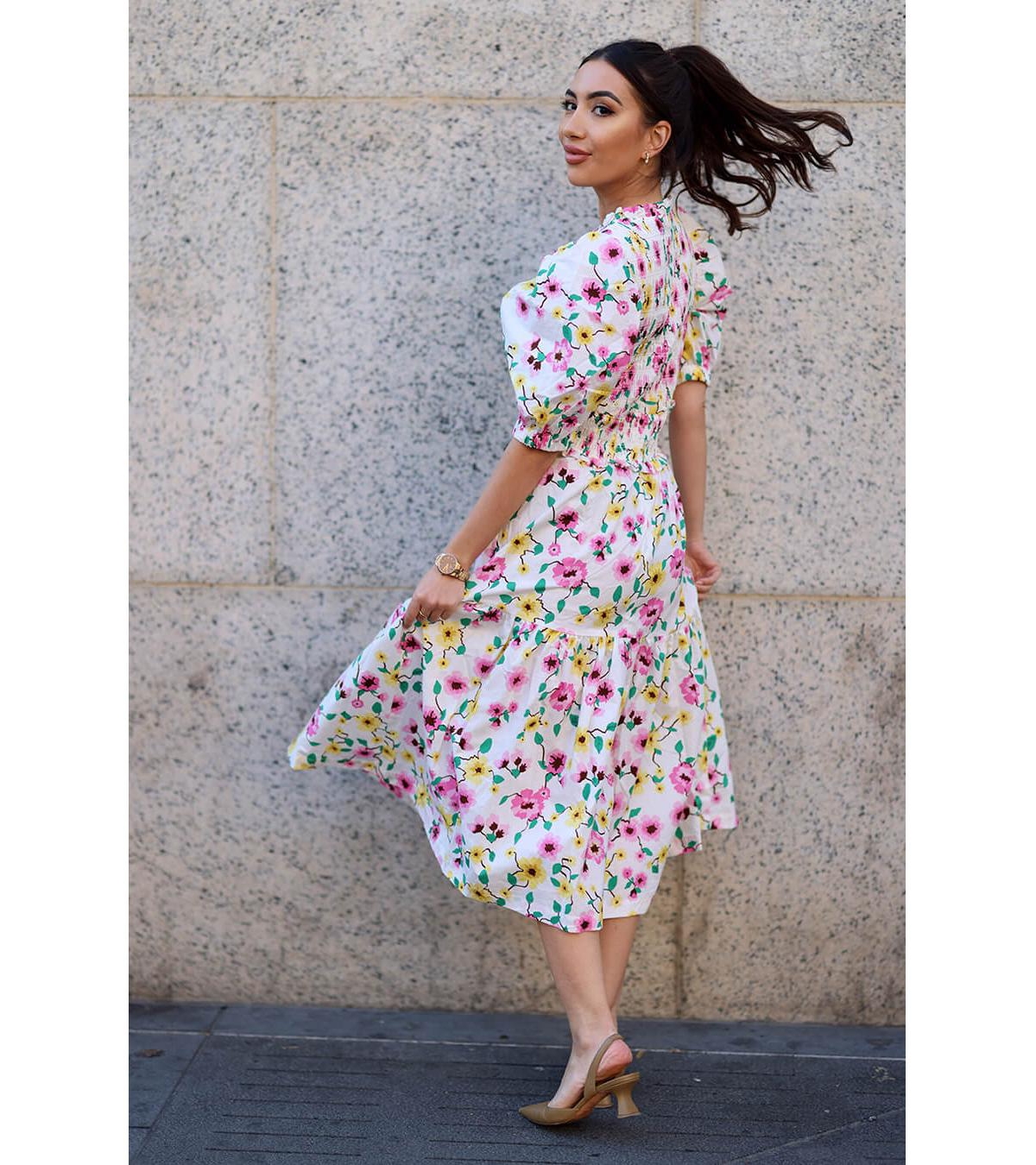 Jessie Zhao New York Oliana Floral Smocked Midi Dress - pink, yellow