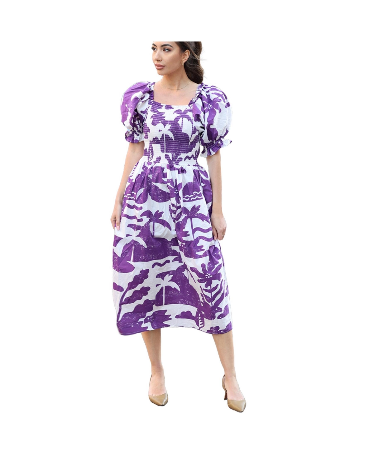 Malie Smocked Purple Midi Dress - Purple, white