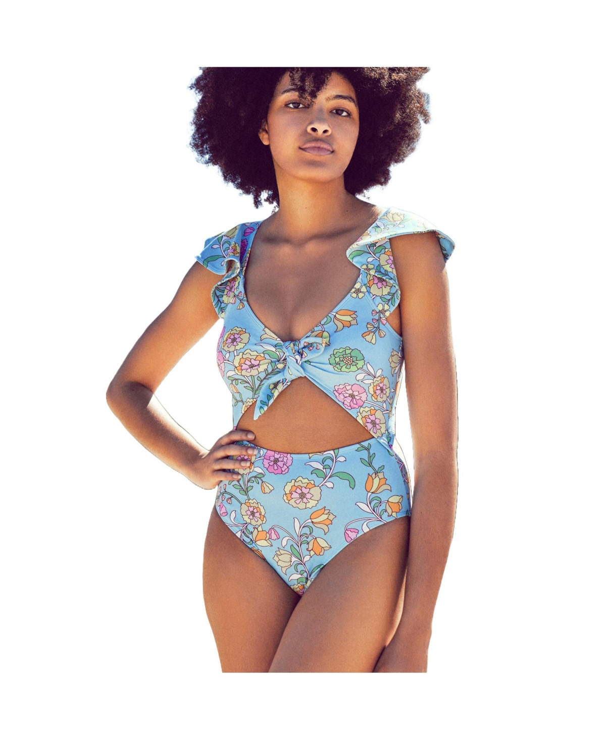 Ocean Flower One-Piece Swimsuit - Blue and pink