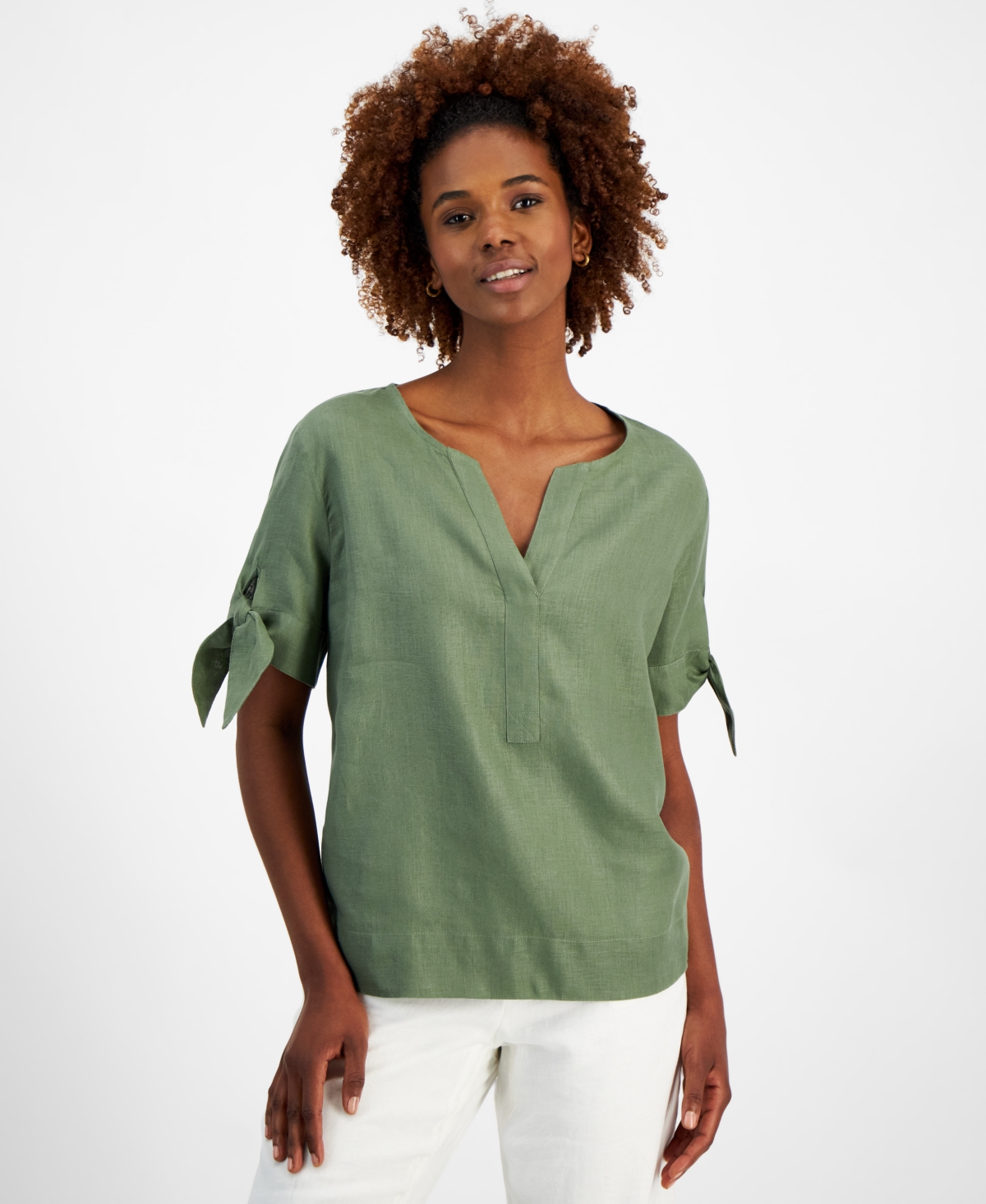 売れ筋商品|||チャータークラブ カットソー トップス レディース Petite 100% Linen Split-Neck Tie Sleeve Top, Created for Macy's Pool Blue Charter Club Women's 100% Linen Split-Neck Tie-Cuff Top