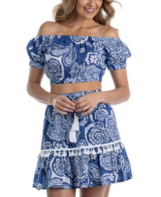 Shop Dotti Womens Cotton Off The Shoulder Cover Up Cropped Top Tassel Trim Tiered Cover Up Skirt In White,blue