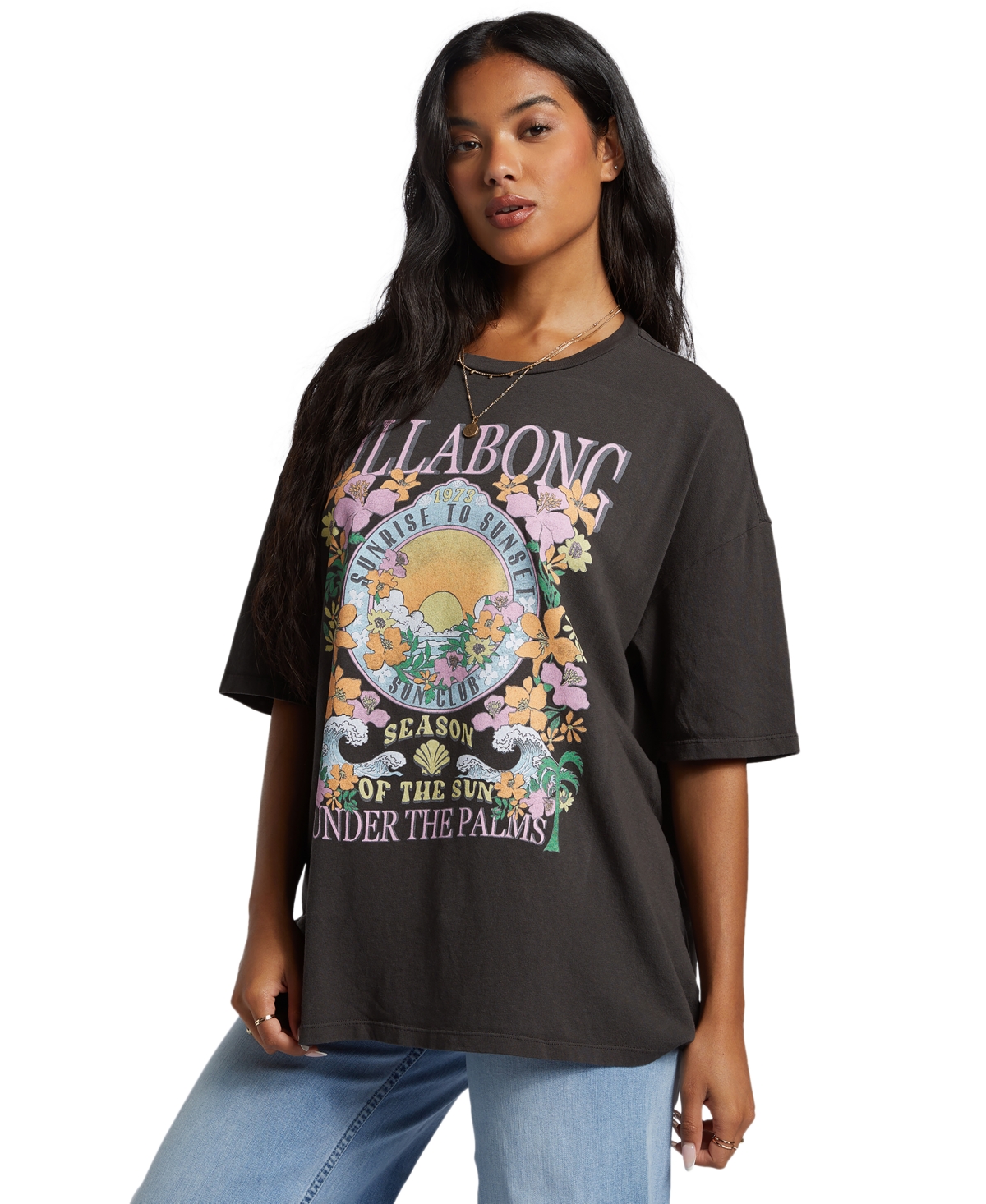 Juniors' Under The Palms Oversized Graphic Tee - Off Black