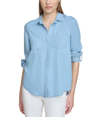 DKNY Jeans - Women's Roll-Tab-Sleeve Button-Front Top