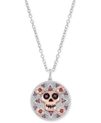 Wonder Fine Jewelry - Rhodolite Coco-Inspired Skull & Flower Disc 18" Pendant Necklace (1/4 ct. t.w.) in Sterling Silver & Rose Gold-Plate