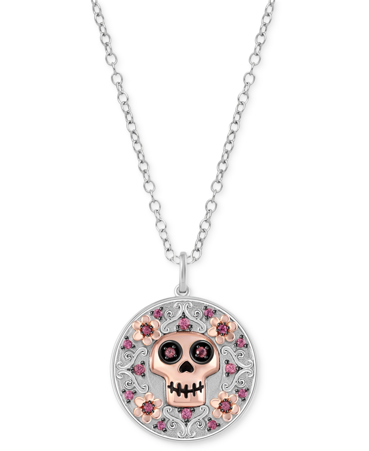 Shop Wonder Fine Jewelry Rhodolite Coco-inspired Skull & Flower Disc 18" Pendant Necklace (1/4 Ct. T.w.) In Sterling Silver & In Sterling Silver  Rose Gold-plate