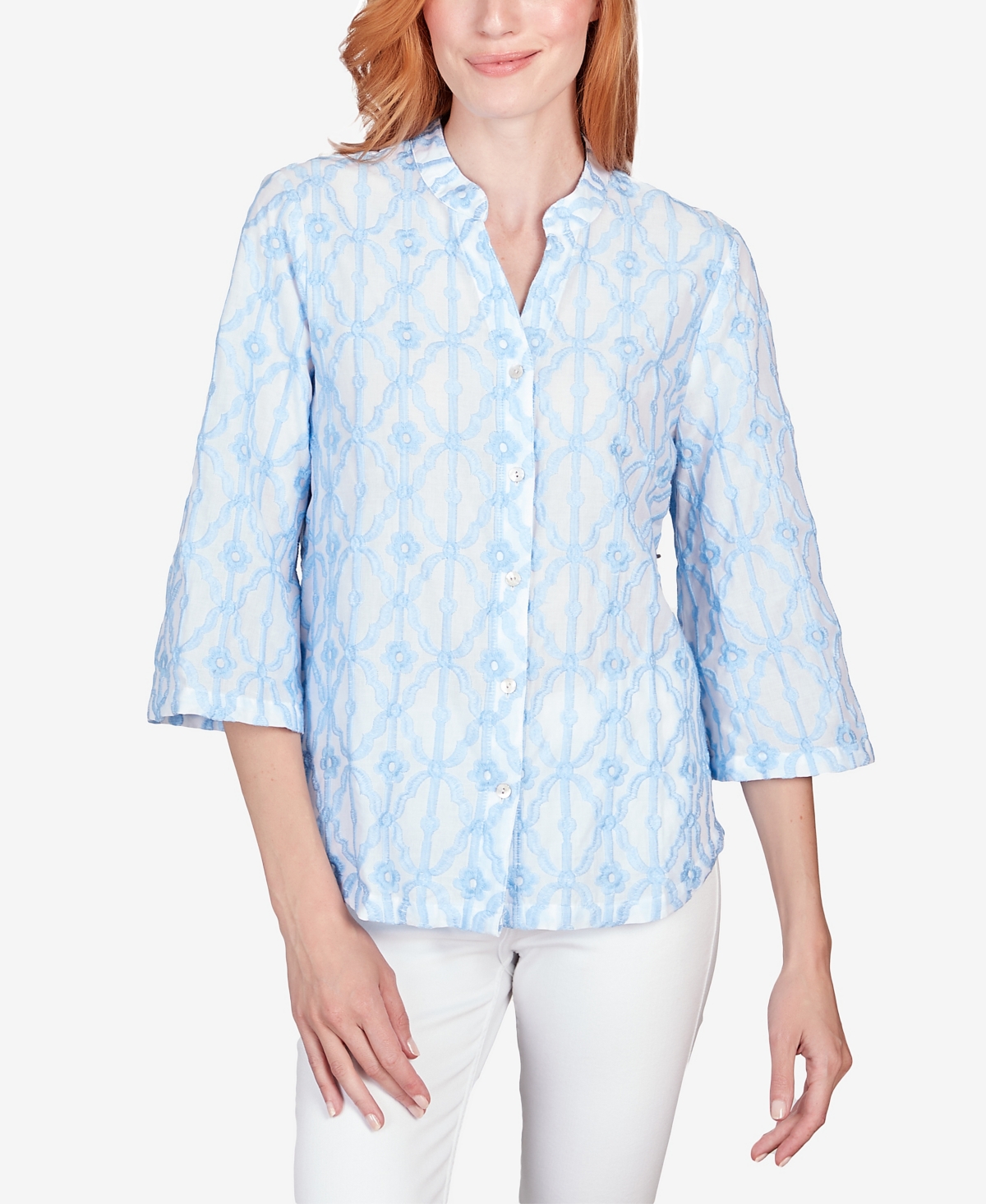 Shop Ruby Rd. Petite Trellis Embroidered Cotton Button Front Top In Atlantic Multi