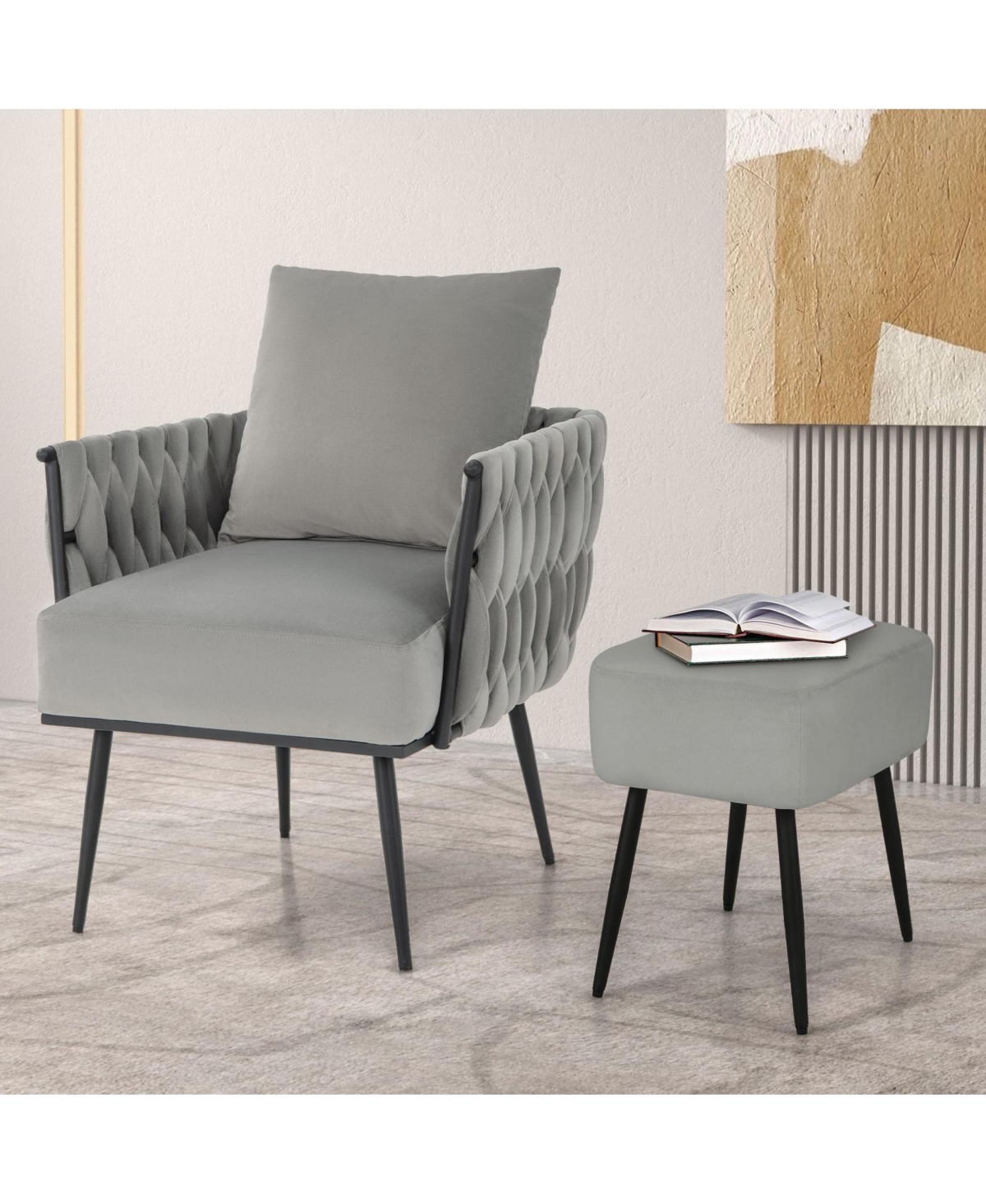 Modern Dutch Velvet Accent Chair and Ottoman Set with Weaved Back and Arms