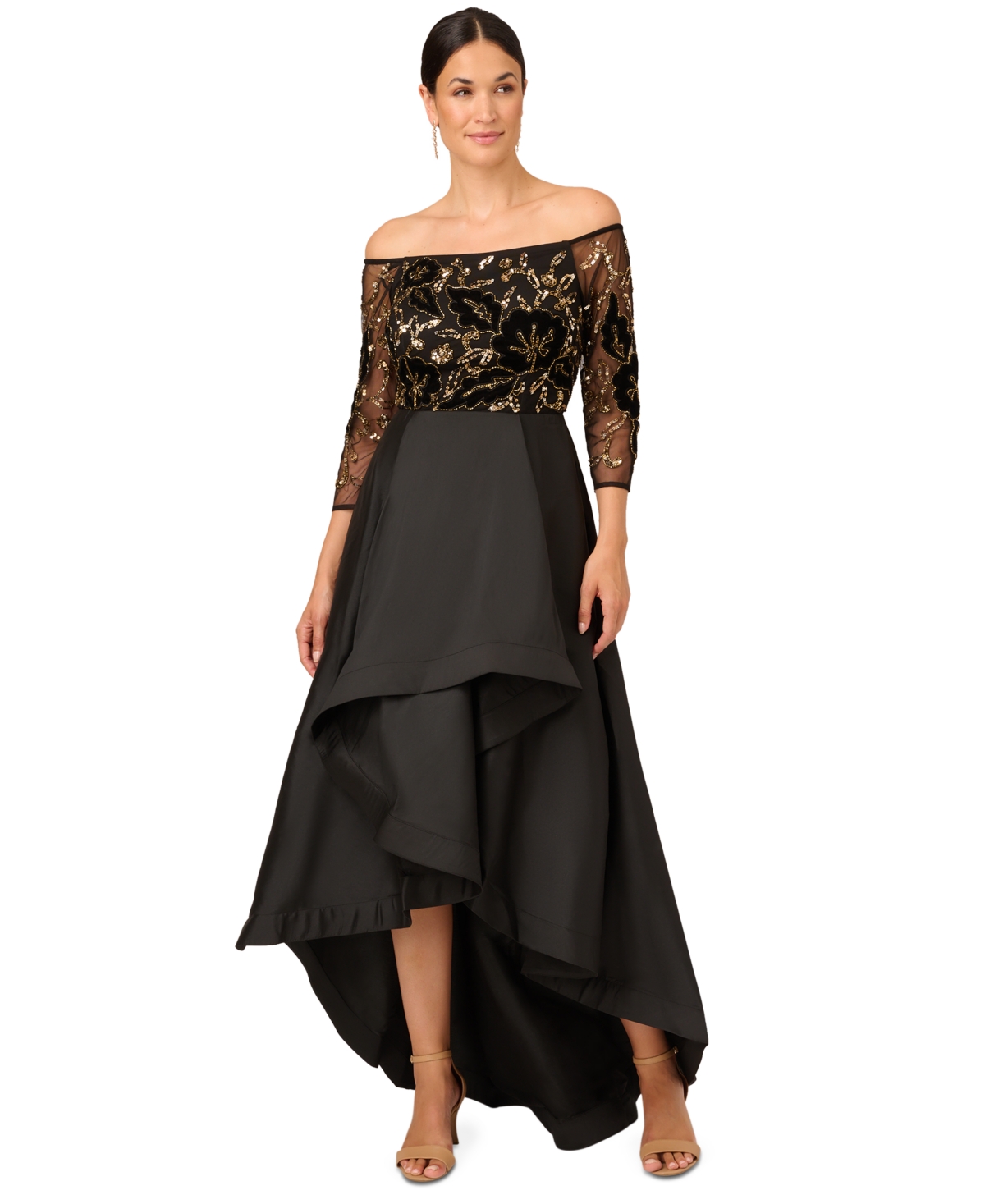 Beaded Taffeta-Skirt Gown - Black/Gold