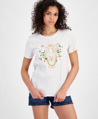 GUESS - Women's Embroidered Tiger Daisy Short-Sleeve T-Shirt