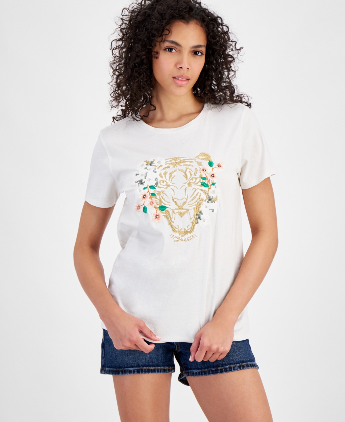 Women's Embroidered Tiger Daisy Short-Sleeve T-Shirt - CREAM WHITE