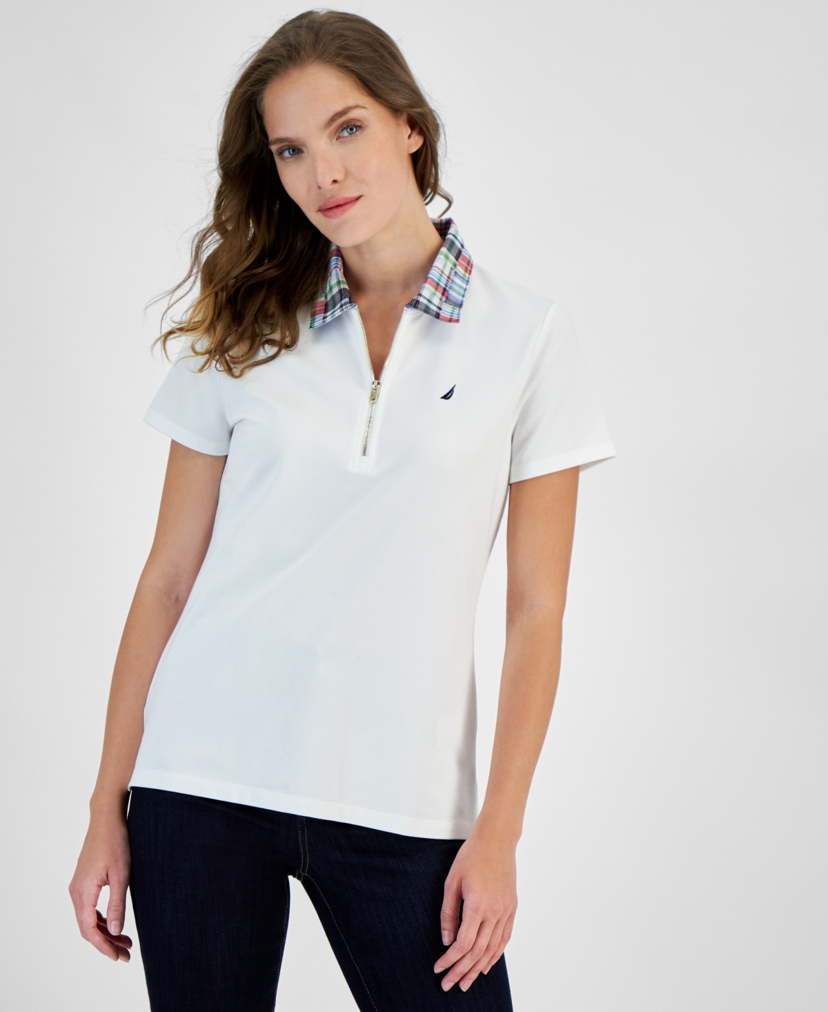 Shop Nautica Jeans Women's Contrast-collar Polo Short-sleeve Top In Brt White