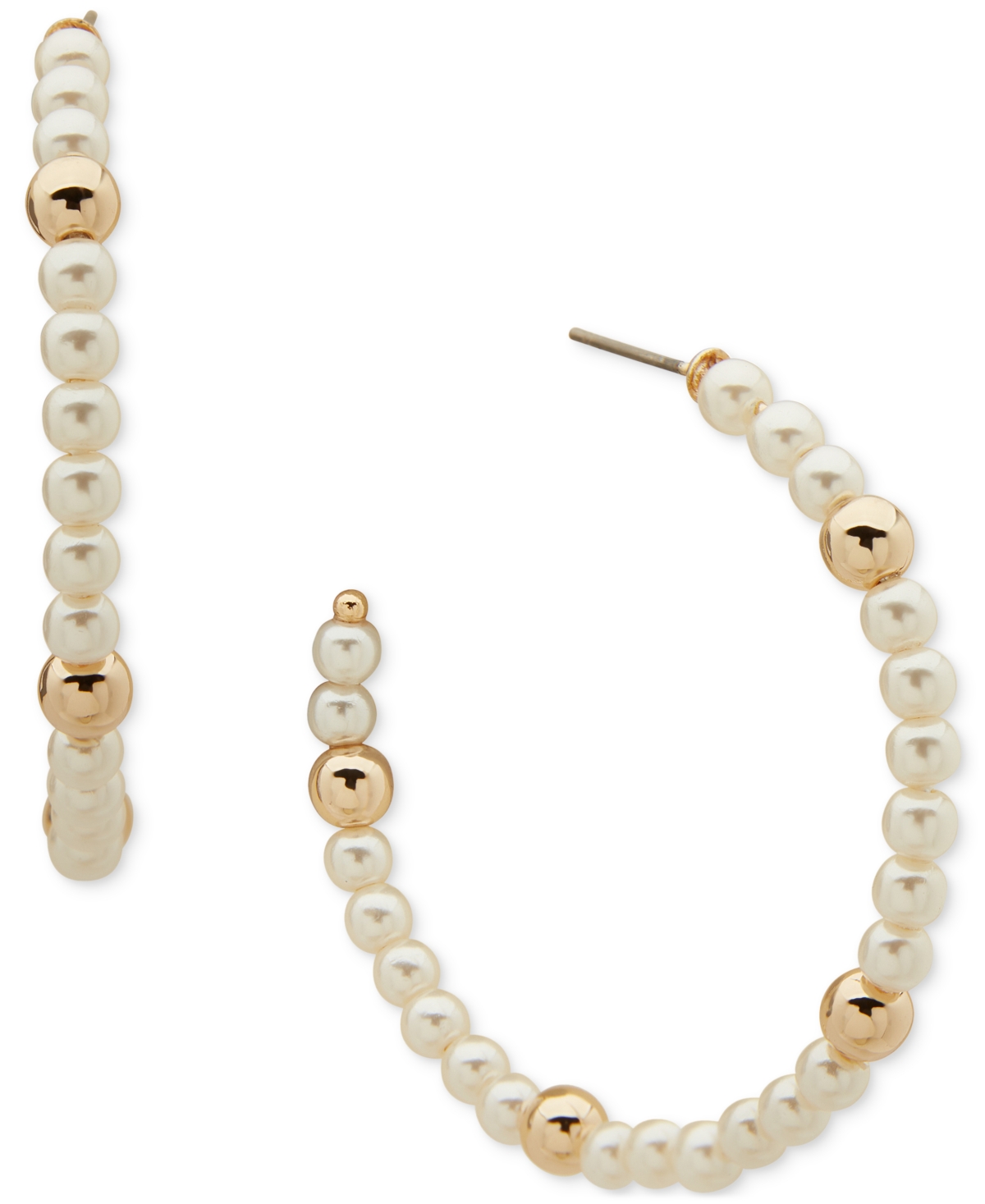 Gold-Tone Medium Bead & Imitation Pearl C-Hoop Earrings, 1.57" - White